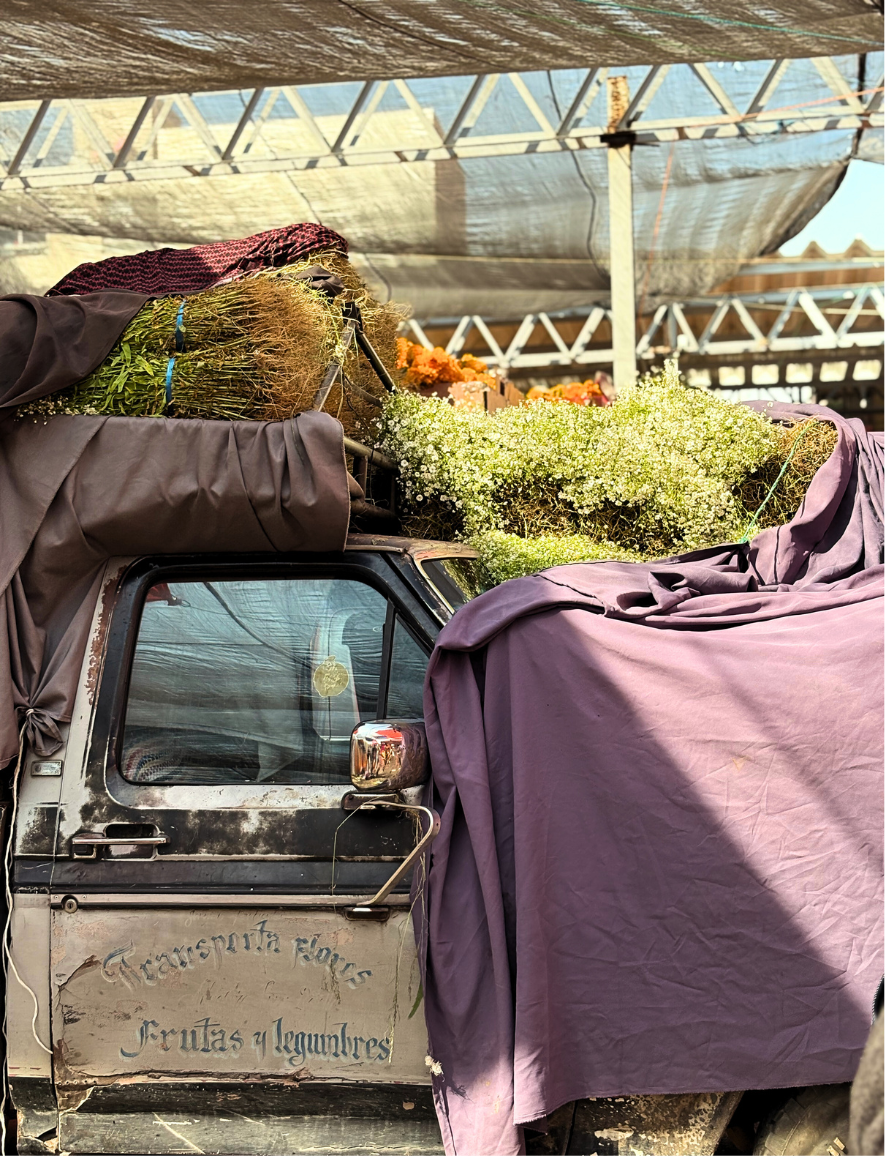Camioneta con flores arriba tapada por telas